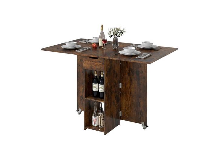 COSTWAY Esstisch, Klapptisch mit 2 Rädern, 2-stufiger Ablagefläche & Schublade