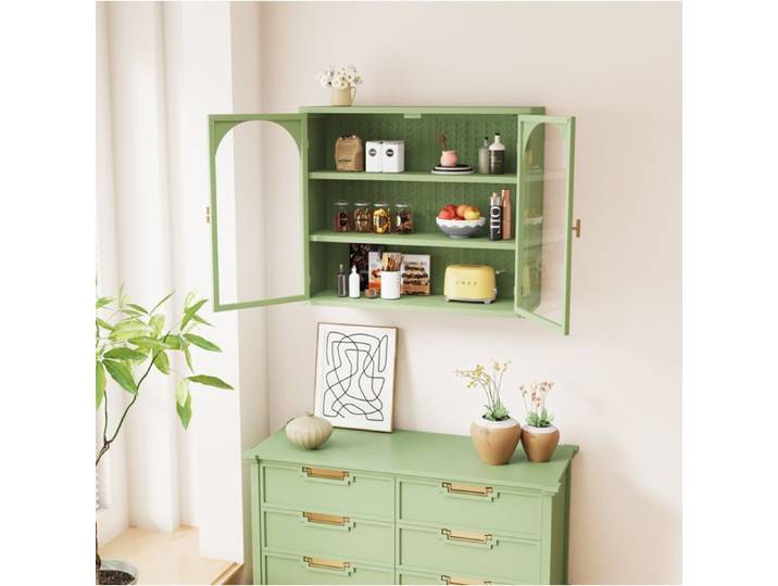 Armoire murale verte 70 cm 2 portes vitrées 3 niveaux étagère amovible montage nécessaire