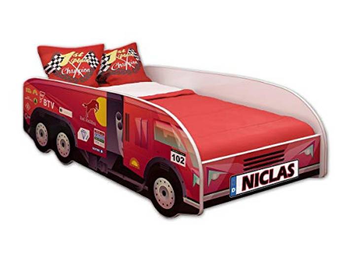 ACMA Kinderbett LKW Truck 140x70 cm Autobett Juniorbett für Kinder mit Matratze und Lattenrost, Spielbett mit Rausfallschutz, Kinderzimmer Bettmöbel, Design 03 Renn-LKW + Name
