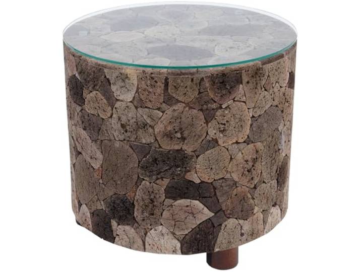 Runder Lavastein Kaffeetisch mit Glasplatte, Modell 10, Modell 10 Holzgerüst, stilvolles Design, ideal für Wohnzimmer, langlebig, pflegeleicht, moderne Eleganz