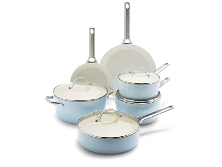 GreenPan Padova Harteloxierte gesunde Keramik-Antihaftbeschichtung, 10-teiliges Kochgeschirr-Set, PFAS-frei, spülmaschinenfest, hellblau