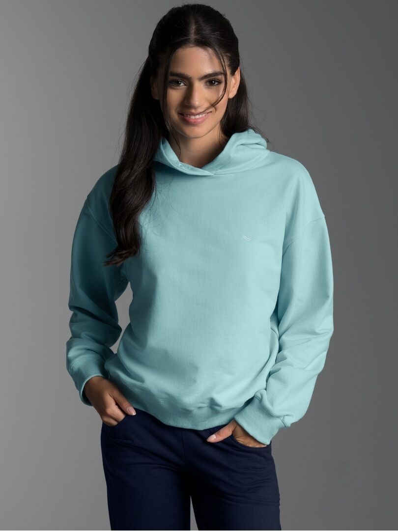 Sweatshirt TRIGEMA "TRIGEMA Dünner Oversize-Hoodie", Damen, Gr. M, blau (gletscher), Sweatware, 50% Baumwolle, 50% Polyester, Basic, Sweatshirts Sweatshirt gletscher M