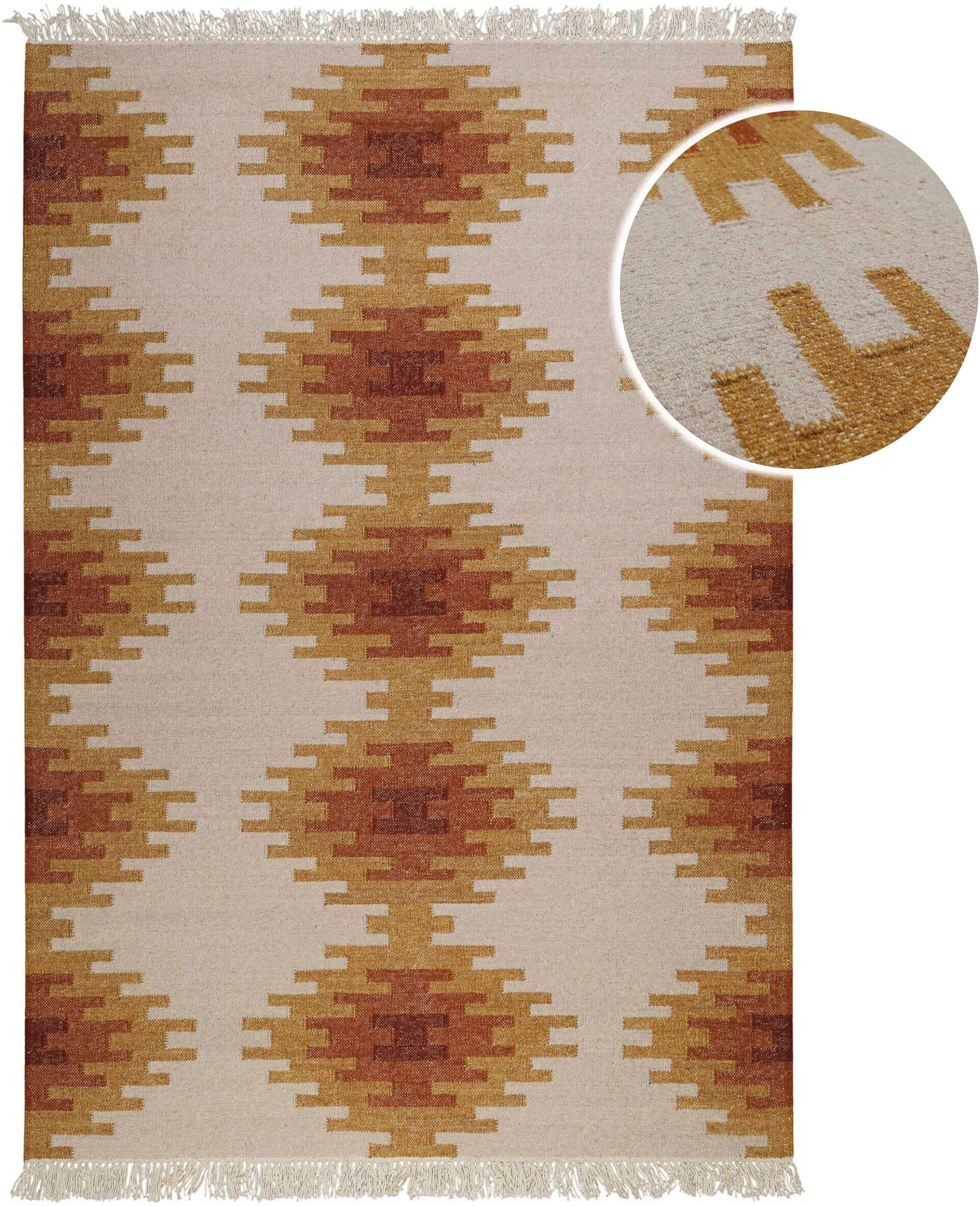 Wollteppich GREEN LOOOP "Belle", beige (beige, mittel), B:140cm H:5mm L:200cm, Wolle, Teppiche, Wollteppich, Fransen, Kelim, handgewebt, Natur, Wohnzimmer, Schlafzimmer, Raute beige, mittel B : 140cm 1 Stk., 5mm, L: 200cm