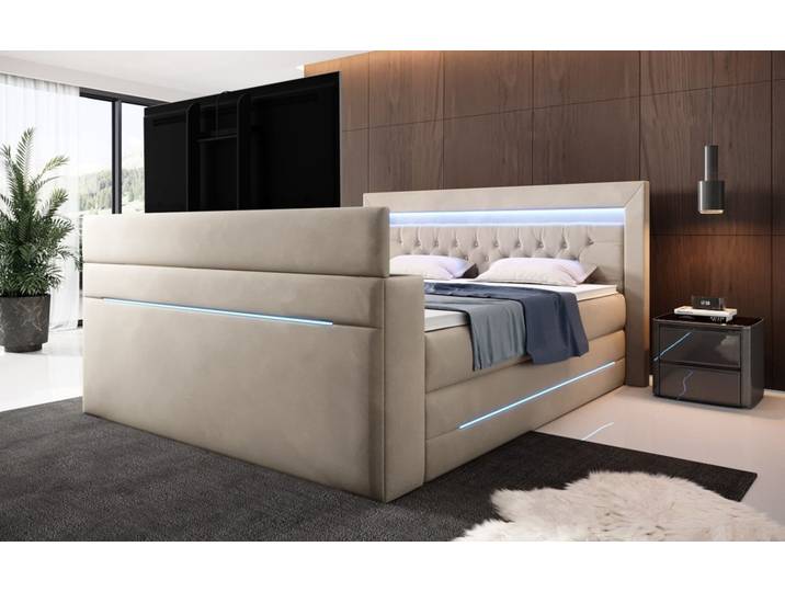 Boxspringbett Neptun mit TV Lift und RGB - 160x200 - Beige - H4 (100kg+) - Luxusbetten24