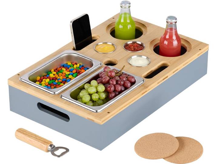 couchbar - met dip- en snackschaaltjes - glazenhouder - bamboe - grijs