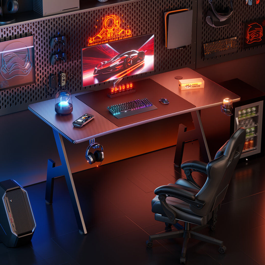 Metro Computer Gaming Desk, PC Desk for Home Office, A Shaped Table Black 74cm H x 140cm W x 60cm D