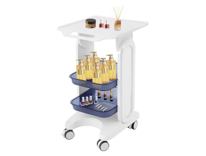 chlisuky Kosmetikwagen mit Rollen, 3 Ebenen Salon Gerätewagen Weiß Blau Robuster Studio-Trolley; hochbelastbare Arbeitsplatte bis 60 kg; zwei Hängekörbe; ideal für Praxis, Studio und Spa
