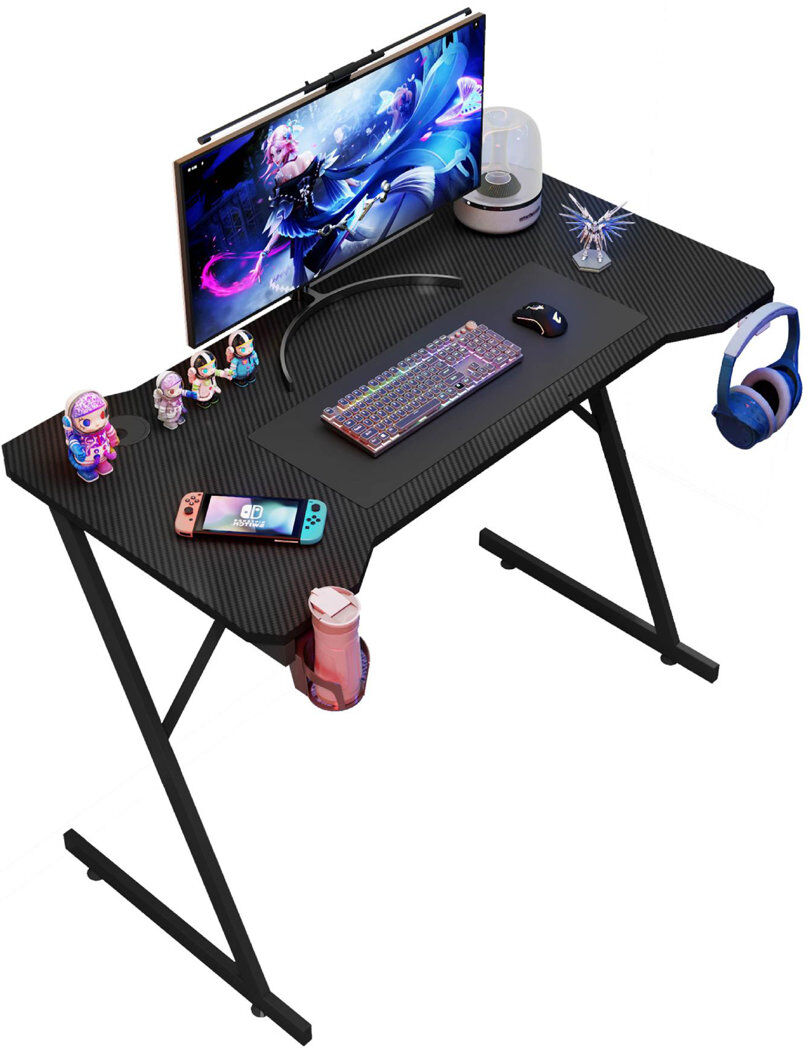 Inbox Zero Gaming Desk Carbon Fibre Finish Black Cup Holder, Headphone Hook & Cup Holder Black 75cm H x 120cm W x 60cm D
