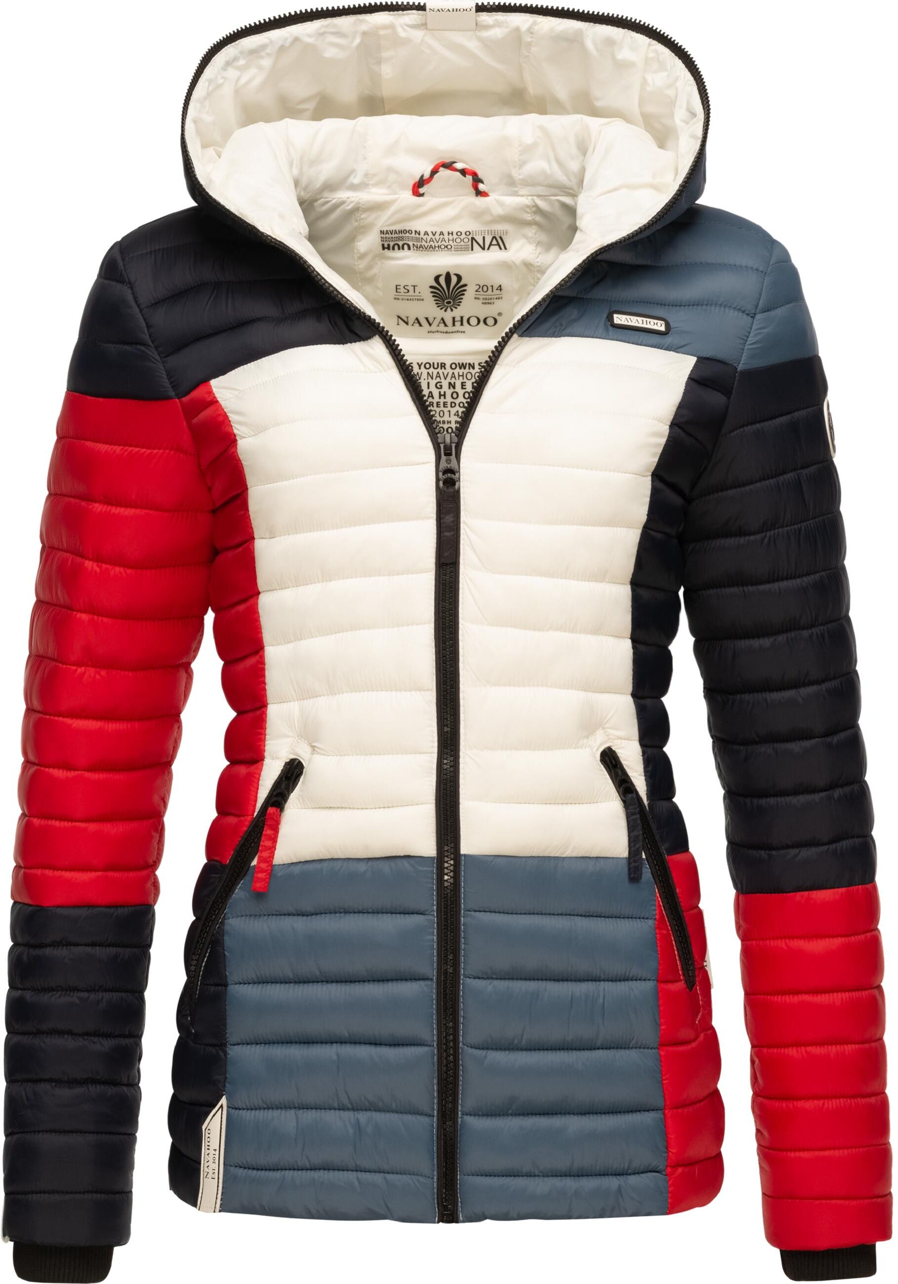 Steppjacke NAVAHOO "Steppjacke Multikulti", Damen, Gr. XS, bunt (multicolour french, tricoloree), Obermaterial: 100% Nylon NY.  Obermaterial: Futter: 100% Polyester PES. 100% Polyester PES., tailliert hüftbedeckend, Ärmel ohne Ärmelschlitz Rippstrickbündc