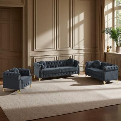ZWYO HOSIMU Velvet Chesterfield Modular Sofa Set with Tufted Design, Copper Studs and Metal Legs