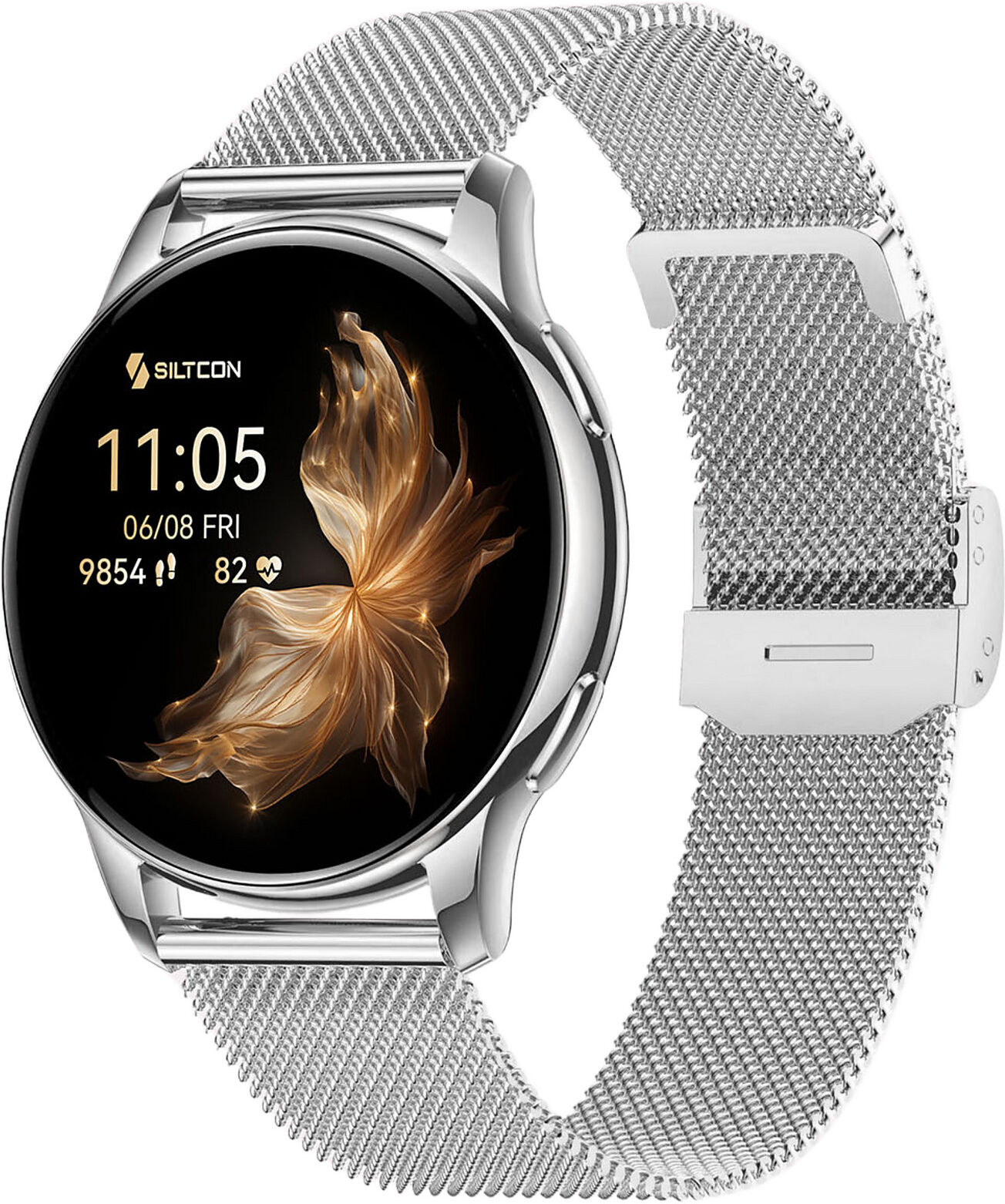 Siltcon® Aurea AMOLED Smartwatch – Herzfrequenzmesser, 5 Armbänder – Silber