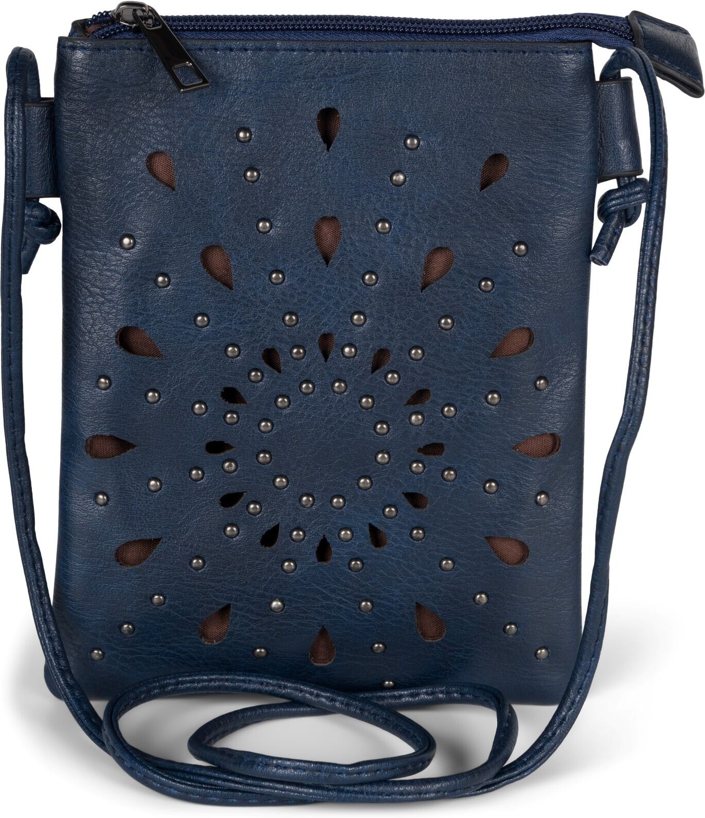 Mini Bag STYLEBREAKER "Mini Umhängetasche Blumen Cutouts und Nieten", Damen, Gr. B/H/T: 14cm x 19cm x 1,2cm Einheitsgröße, blau (dunkelblau), 100% Polyurethan PU. Futter: 100% Polyester PES., gemustert, Taschen