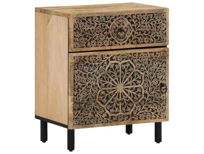 Nachttisch Braun 50 x 33 x 60 cm aus massivem Mangoholz mit Schublade Massives Mangoholz mit natürlichem Finish, Eisenbeine, handgeschnitztes Blumenmuster, 50 x 33 x 60 cm