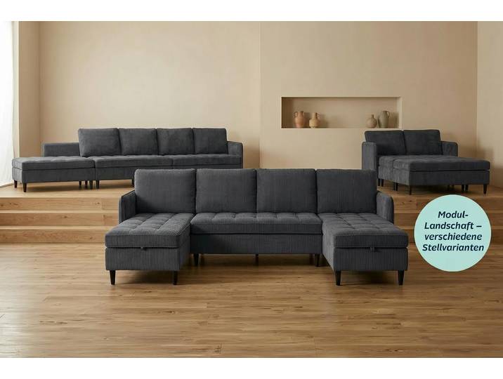 Wohnlandschaft DOREL HOME LINDHUS, Cord, Modulsofa, verschiedene Stellvarianten , grau (anthrazit), B:254cm H:80cm T:127cm, 93% Polyester, 7% Nylon, Sofas, Wohnlandschaft, Breite als U-Form (254cm) mit Verbindern fixierbar, Recamiere,Stauraum