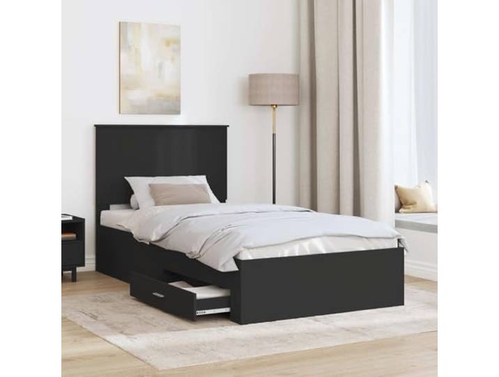 SKTQYQO Bettgestell mit Kopfteil, Schwarz und Silber, 90 x 200 cm Technisches Holz, modernes Design, integrierter Behälter, Doppelzimmer