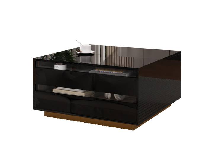 Okwish Couchtisch 70/70/38 cm schwarz mit höhenverstellbarer Tischplatte und LED-Beleuchtung, Schwarz, 70x38x70 cm, Wohnzimmer, Wohnzimmertische, Couchtische