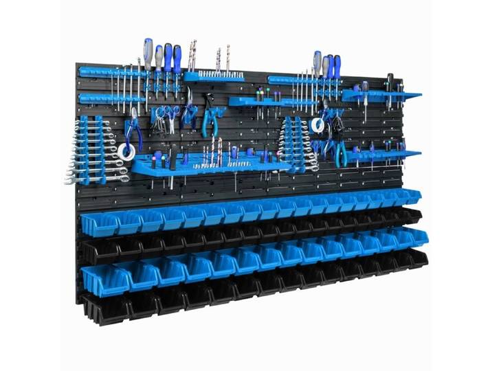 Étagère murale - BOTLE - 156 x 78 cm - 68 boîtes en plastique - Bleu et Noir - Pratique pour outils