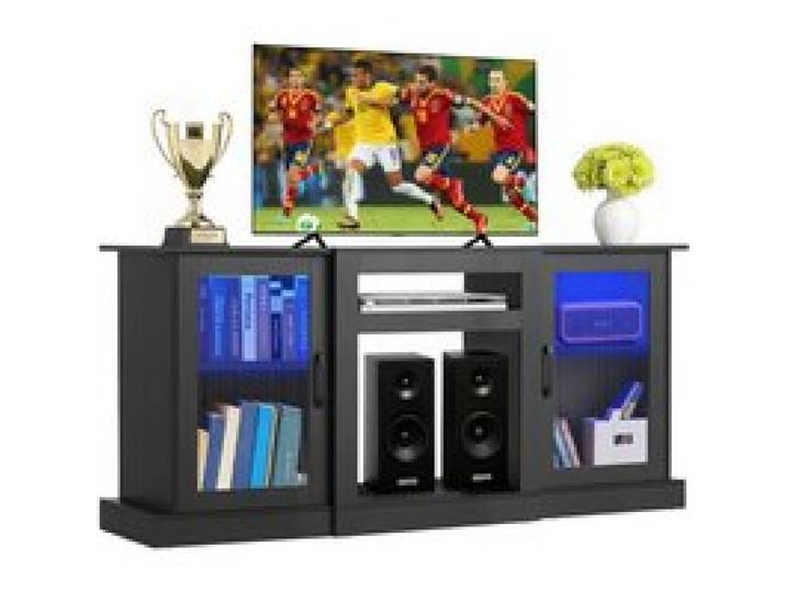 VEVOR TV-Ständer für Fernseher bis zu 65 Zoll, TV Tisch mit Lichtleiste, TV-Schrank aus Holz mit Türen & verstellbaren Regalen, Konsolentisch Fernsehschrank für Wohnzimmer Schlafzimmer, Schwarz