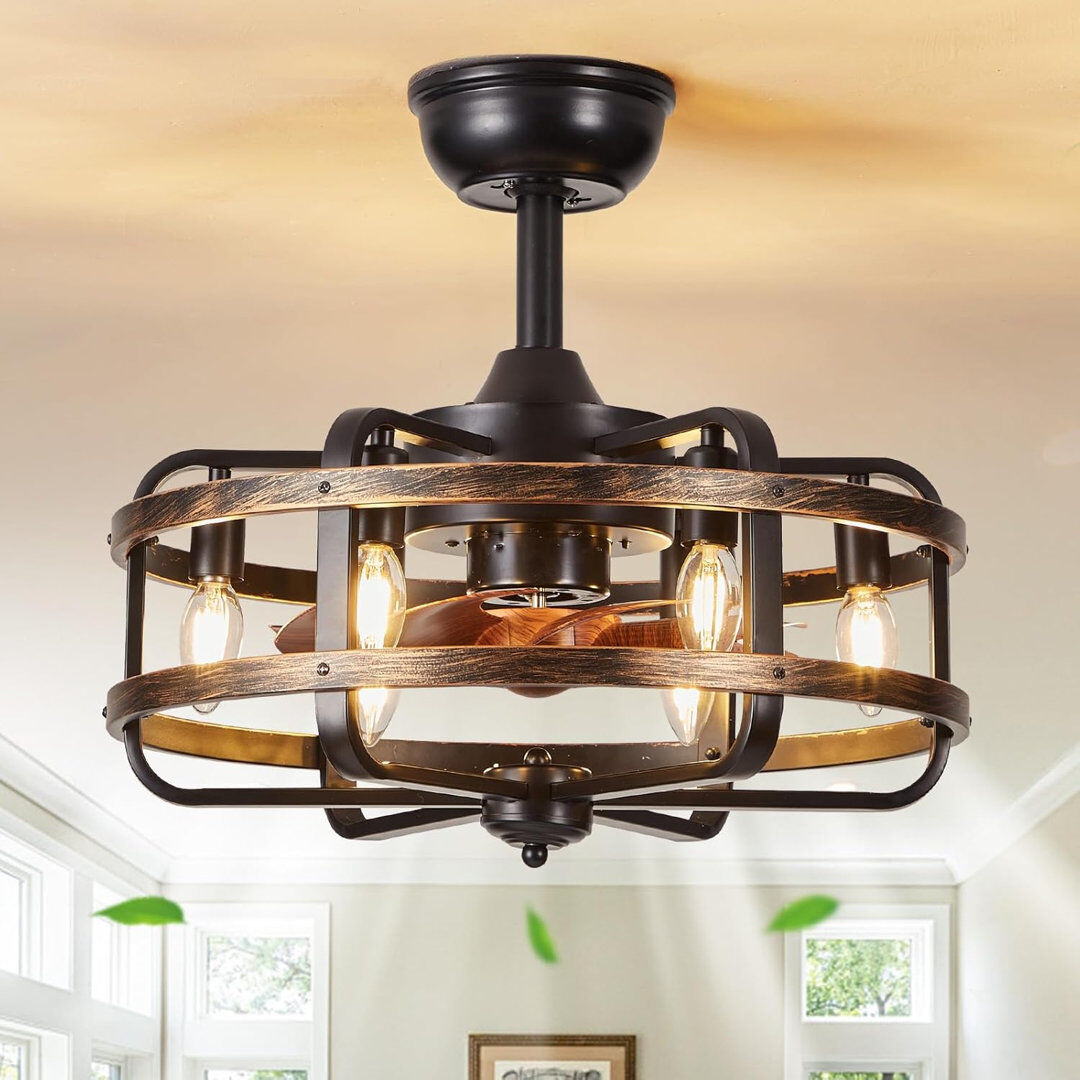 Rio Industrial Caged Ceiling Fans with Lights, Farmhouse 3 Speed Reversible Ceiling Fan for Dining Room Brown 46cm