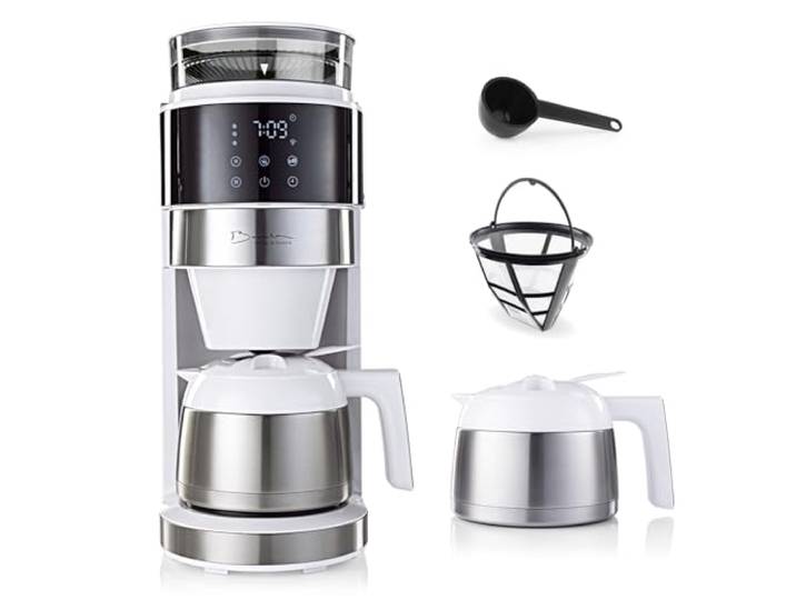 Barista Machine à café blanche avec écran tactile digital 800W + broyeur intégré et carafe isotherme Cafetière filtre avec moulin à café et verseuse thermique