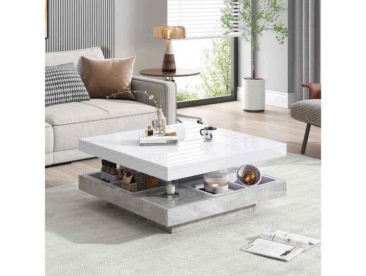 Table basse double fonctionnelle avec plateau brillant 360 ° Table basse pivotante à double plateau avec compartiment de rangement, pour salon