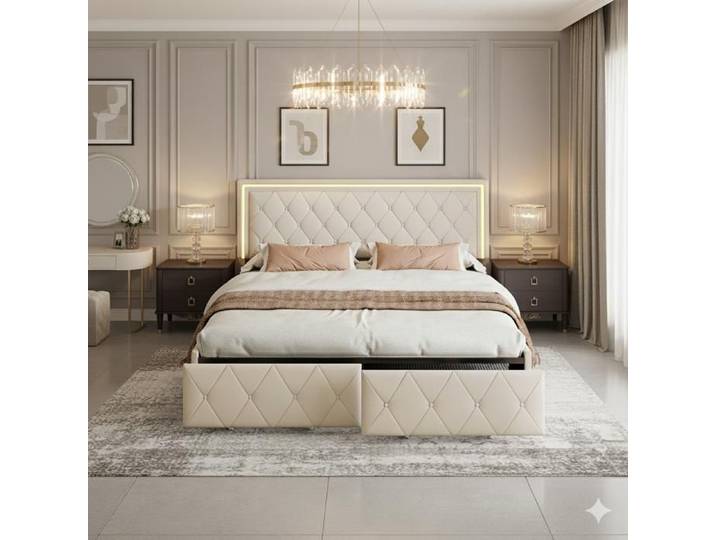 Lit 140x200 cm- lit double - LED - lit adulte 140x200 cm - sommier à lattes - beige