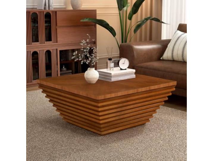 FeiZhiYanS Quadratischer Couchtisch aus rustikalem Holz mit Stauraum Moderner Luxus-Couchtisch in Trommelform, mit Massivholzfurnier, verstecktem Stauraum und rutschfestem Sockel