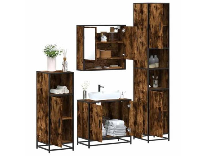 HWKQEQRF 4-TLG. Badmöbel-Set Räuchereiche Holzwerkstoff Metallgestell, Lowboard, Wandmontage, Spiegelschrank, Waschbeckenunterschrank, Stauraum, Bad