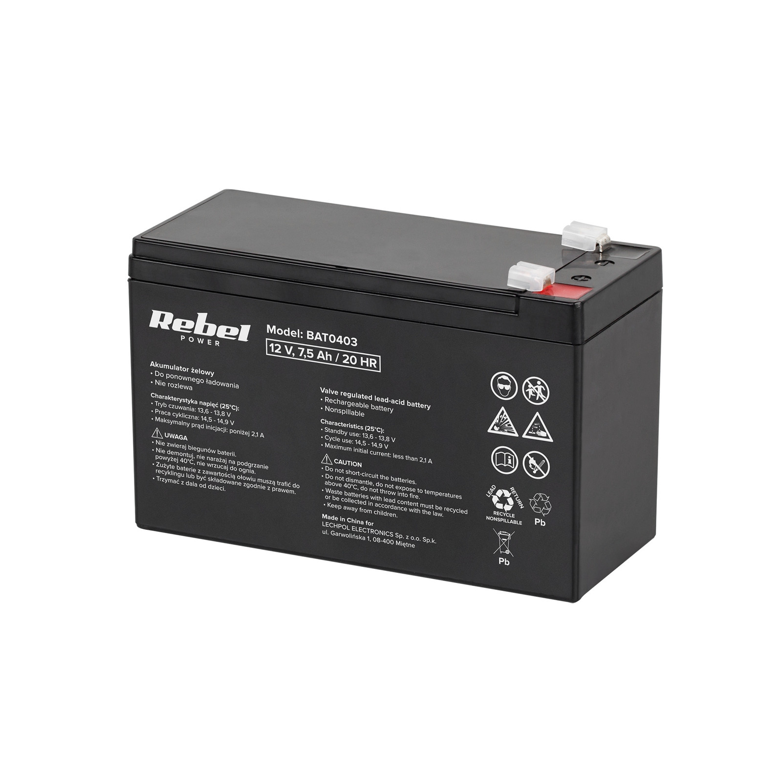 Rebel BAT0403 Gelaccu 12 V, 7,5 Ah