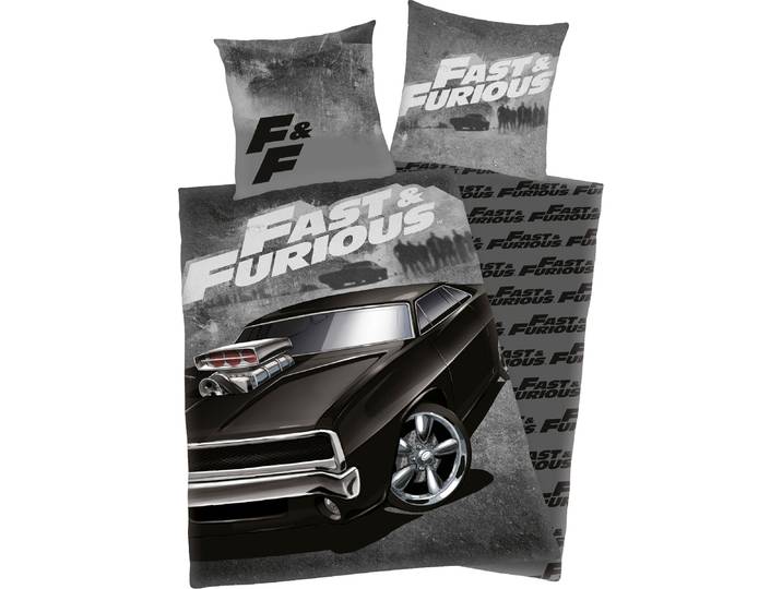 Jugendbettwäsche Fast & Furious , schwarz (schwarz, grau), B/L: 135cm x 200cm, 1 Stk., 1 Stk., Renforcé, B/L: 80cm x 80cm, 2 Stk., Renforcé, Obermaterial: 100% Baumwolle, Bettwäsche, Jugendbettwäsche, mit coolem Motiv