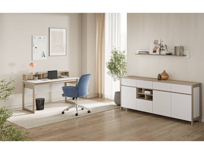 Büromöbel-Set HOME AFFAIRE Stranda im Scandi-Style, Home Office, Büro in zwei Farben verfügbar , beige (weiß skandi eiche), Holzwerkstoff, Arbeitsmöbel-Sets, Büromöbel-Set, enthält Schreibtisch, Sideboard und Wandboard