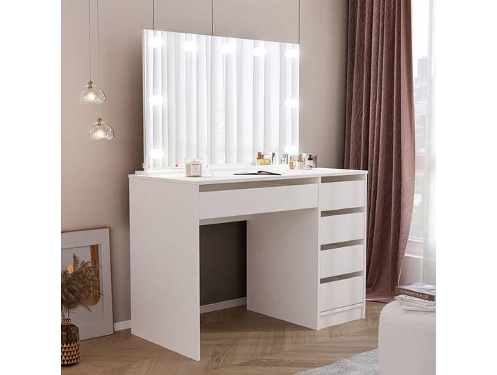 Idohome Coiffeuse avec miroir\, coiffeuse moderne\, coiffeuse avec tiroirs\, coiffeuse avec éclairage\, armoire à bijoux blanc mat BELLA