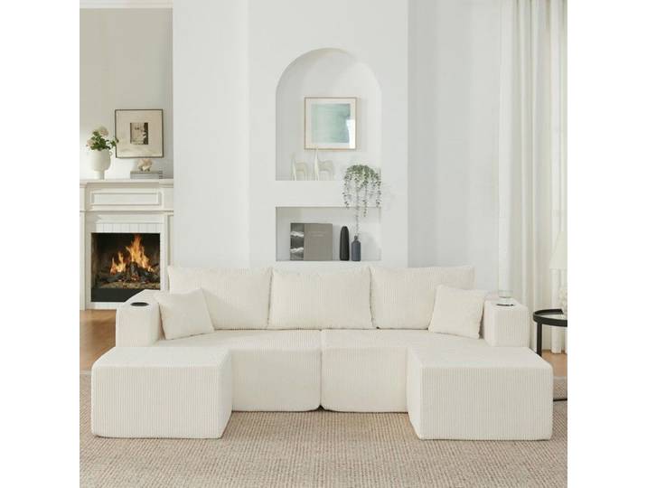 Canapé angle modulable beige velours côtelé 230x138x75cm L avec poufs amovibles porte-gobelet poche rangement salon