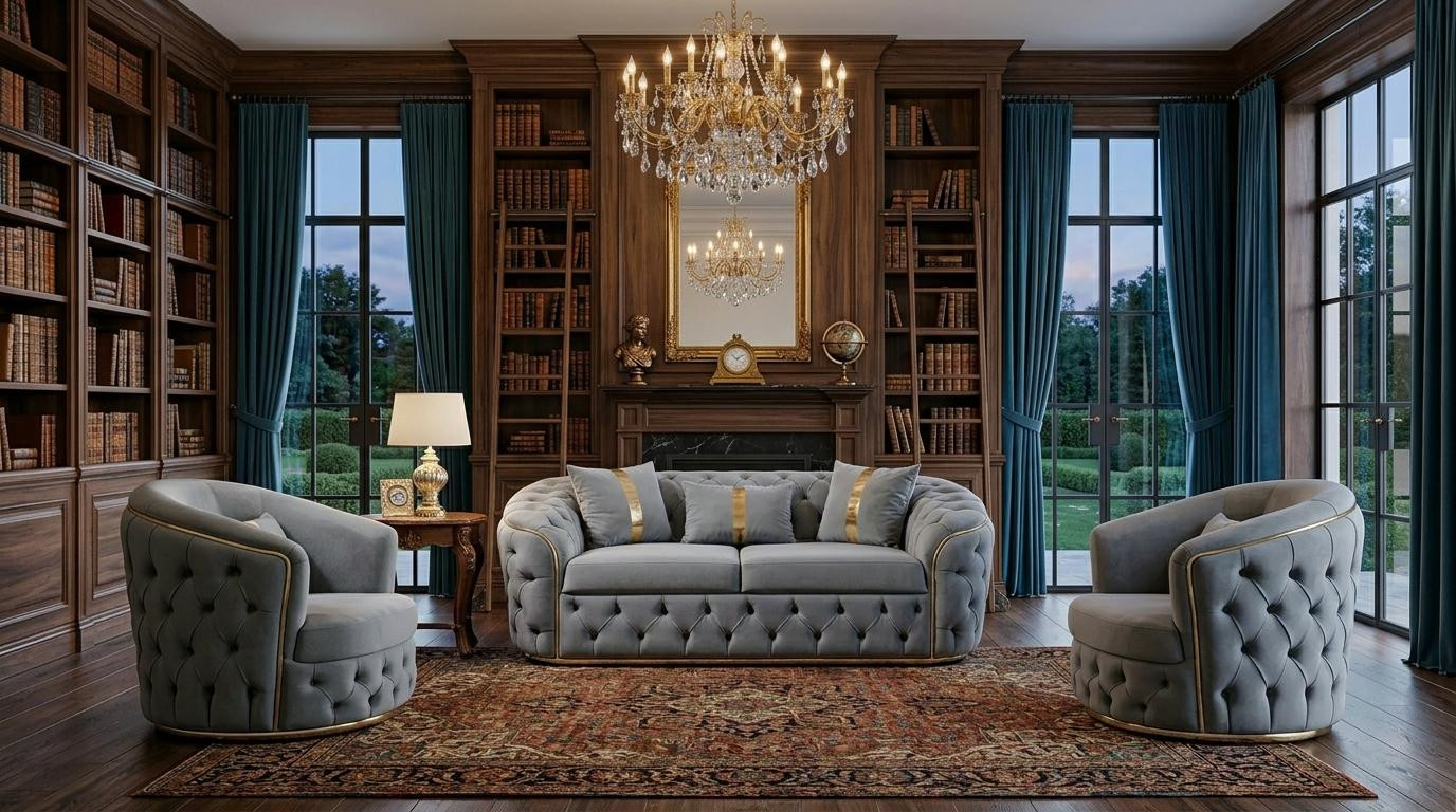 Moderne blauwe Chesterfield woonkamerset met 3-zitsbank en twee 1-zitsbanken