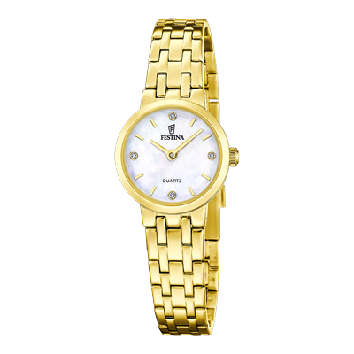 Quarzuhr FESTINA "Mademoiselle", goldfarben, perlmuttfarben, perlmuttfarben, Armbanduhren, Damen, goldfarben, Quarzuhr, Armbanduhr, Damenuhr, Edelstahlarmband, analog