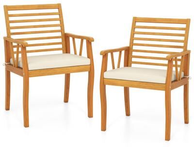 Costway 2 Pieces Patio Dining Chairs Outdoor Acacia Wood Armchairs Bistro Conversation Furniture-White