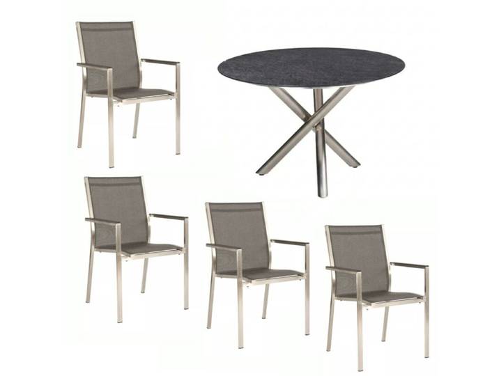 CASA DOMA, Stern Cardiff Gartenmöbel-Set 5-teilig mit CASA DOMA Gartentisch Perano Ø 120 cm - HPL Scivaro Schiefer Geradlinig &amp; pur stapelbar, Tischbein mit Höhenausgleich