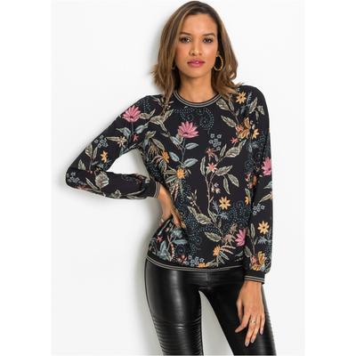 Langarmbluse BONPRIX, Damen, Gr. 48, schwarz (schwarz floral), Obermaterial: 100% Polyester. Einsatz: 97% Polyester, 3% metallisierte Fasern, loose fit, Blusen, lockere Passform, aus Polyester, eleganter Stil