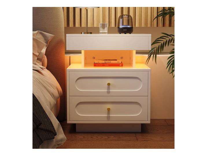 Fine Life Pro Nachttisch Nachttisch mit 2 Schubladen, 1 offener Lagerraum,Weiß, B50/T40/H60 cm