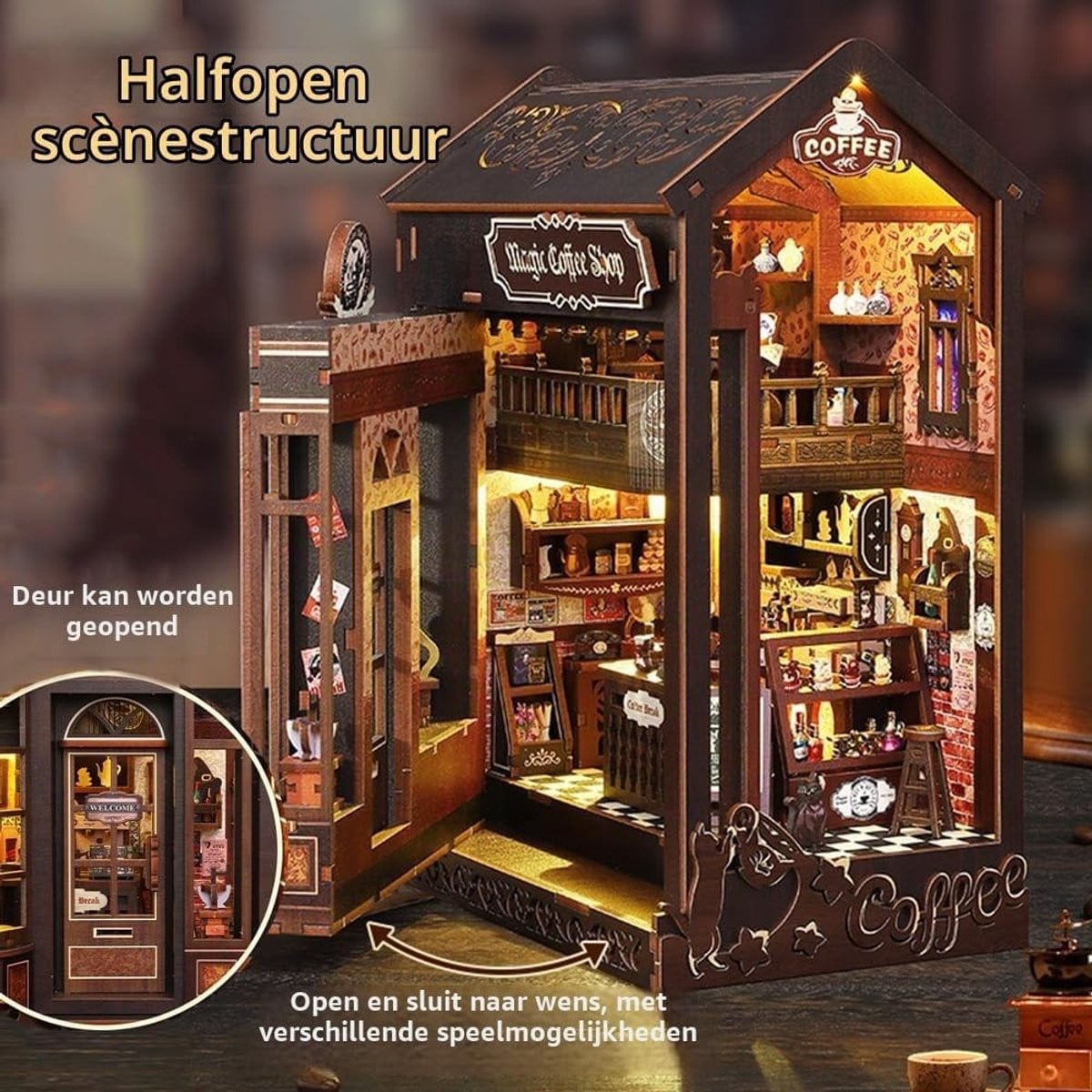 DIY Boek Nook Muzikale Beweging Kit - Miniatuur Koffiehuis Stijl 3D Houten Boeksteunen Puzzel Decoratie voor Volwassenen