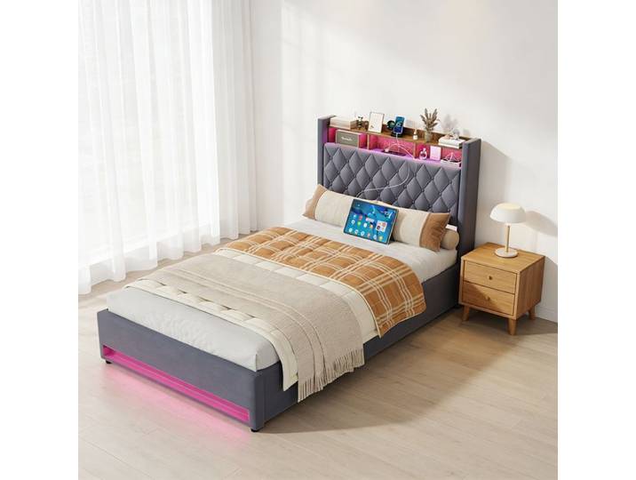 Lit adulte 140x190cm avec LED et USB Lit double rangement sous lit velours Moderne Montage Facile Gris foncé