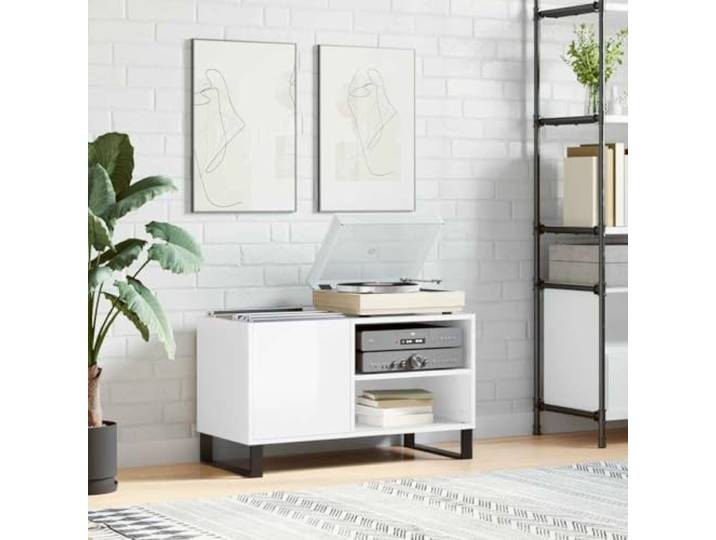 APXESS Schallplattenschrank Hochglanz-Weiß LP-Regal Vinyl-Aufbewahrung Eisenbeine für Stabilität, Klassisches Industriedesign, Viel Stauraum für Vinyls