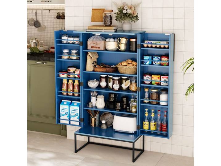 Armoire de cuisine - HOLTICO - Buffet de rangement cuisine moderne - 2 portes avec rainures et etageres - 118x59x30 cm Bleu Noir