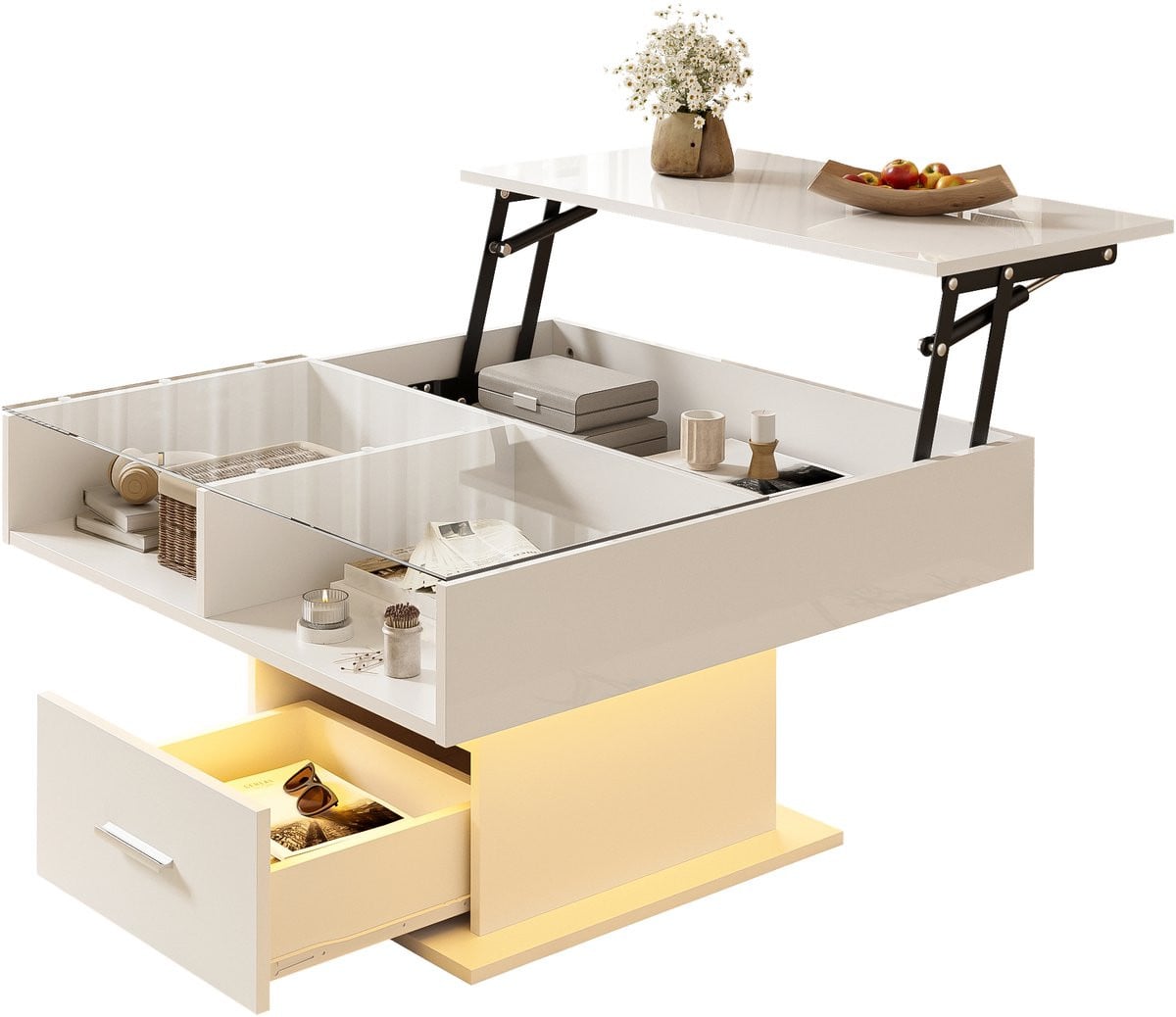 Merax Multifunctionele hoogglans uitschuifbare salontafel met LED-verlichting en verstelbare hoogte - Wit