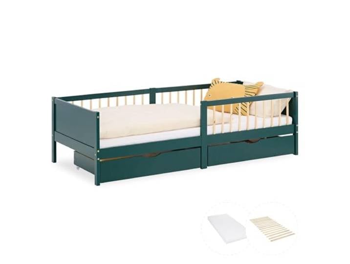 Homestyle4u Kinderbett 90x200 mit Matratze & Lattenrost - Kiefer Grün Massivholzbett Komplettset inklusive 2 Schubladen Stauraum und Rausfallschutz für Kinder - Robustes Gitterbett Design