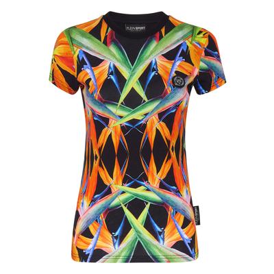 T-Shirt PLEIN SPORT "Rundhals-T-Shirt", Damen, Gr. XS, schwarz (0221, schwarz, multicolorot), Obermaterial: 100% Baumwolle, Shirts T-Shirt