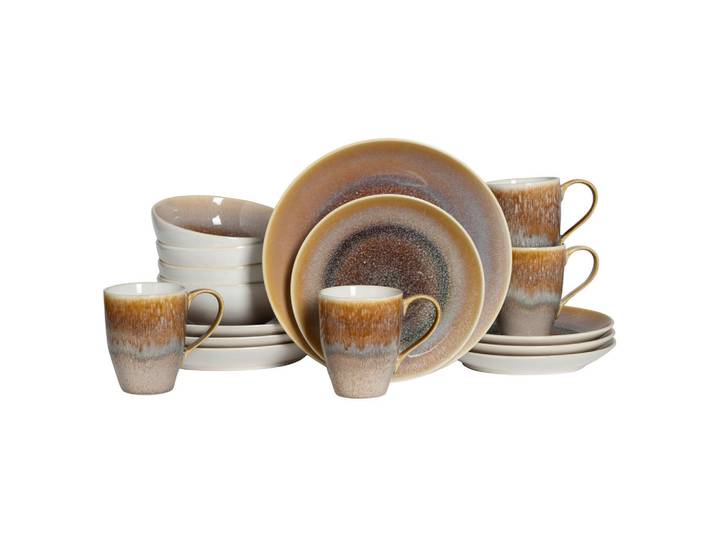 Creatable Kombiservice Caldera Sand, Weiß, Sandfarben, Keramik, 16-teilig, 300 ml,400 ml, handbemalt, lebensmittelecht, stapelbar, Geschirr, Geschirrsets, Kombiservice
