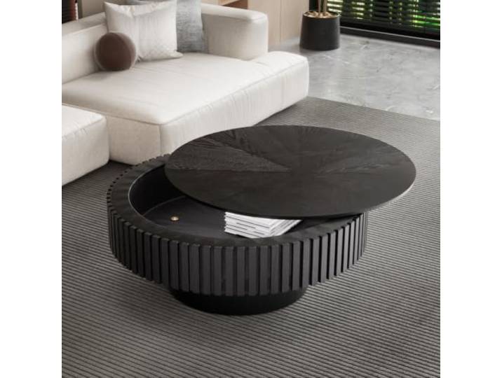 DAXUESEH Runder Couchtisch Mit Stauraum Und Geriffelten Kanten Moderner Runder Trommel-Couchtisch, Runder Holztisch Mit Geriffelten Kanten Aus Massivholz, Für Das Wohnzimmer