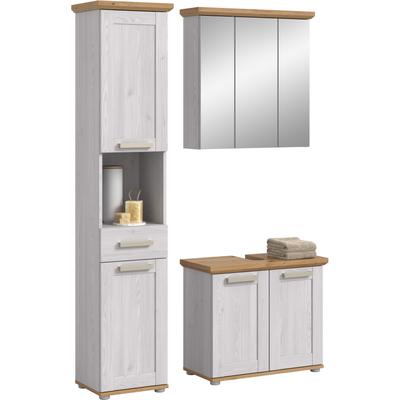 Badmöbel-Set WELLTIME "COSENZA, 3-teilig, in Landhausoptik, mit farblich abgesetztem Kranz", sibiu lärche nachbildung, B:125cm H:187cm T:34cm, Kastenmöbel-Sets, Badmöbel-Set, Bad-Kombination, Badezimmer, Kombi, Bad, Bad-Möbel