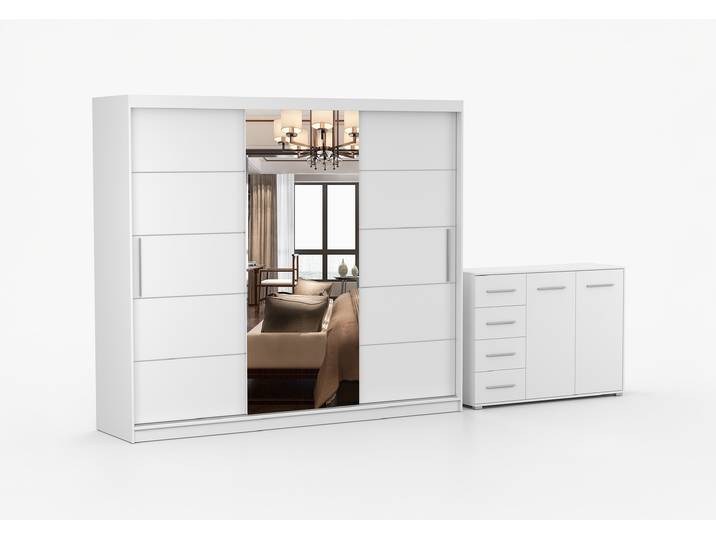 Schwebetürenschrank und Kommode 2er-Set ALBA I/FRIDA 01 Weiß Weiß + Spiegel
